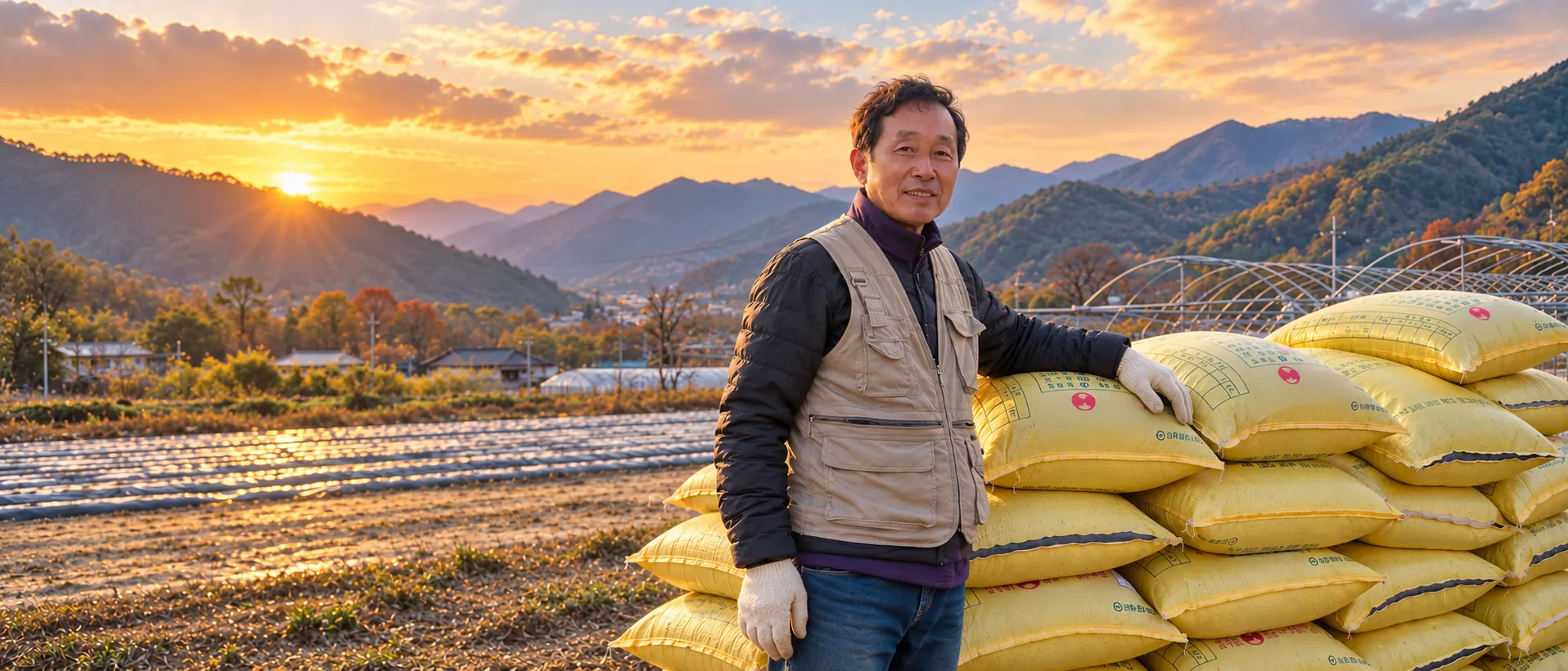 해 질 녘 영월 산솔면 밭 앞에 선 농부